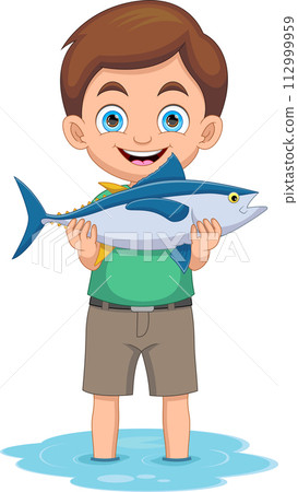 Little boy shows that he got a big fish in the river cartoon 112999959