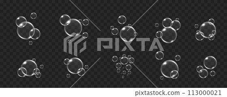Realistic water bubbles collection isolated on black transparent background. Set of air or water bubbles with reflections Realistic water bubbles collection isolated on black transparent background. Set of air or water bubbles with reflections 113000021