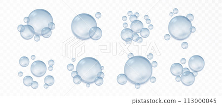 Blue transparent water bubbles realistic collection with reflection set Isolated. Vector soap water bubbles. 113000045