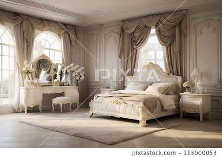 Luxury bedroom interior in classic style with a big bed and large window on the wall Luxury bedroom interior in classic style with a big bed and large window on the wall 113000053
