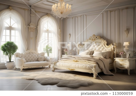 Luxury bedroom interior in classic style with a golden decoration, huge bed and large window on the wall Luxury bedroom interior in classic style with a golden decoration, huge bed and large window on the wall 113000059
