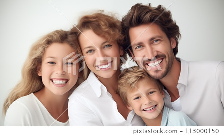 Happy family: Dad, mom, son, and daughter smiling.AI Generated 113000150