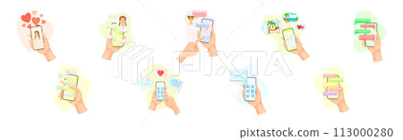 Hand with Smartphone Device Use Chat App Have Social Communication Vector Set Hand with Smartphone Device Use Chat App Have Social Communication Vector Set 113000280