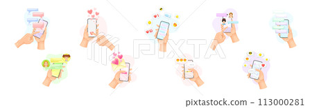 Hand with Smartphone Device Use Chat App Have Social Communication Vector Set Hand with Smartphone Device Use Chat App Have Social Communication Vector Set 113000281