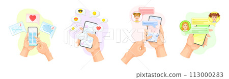 Hand with Smartphone Device Use Chat App Have Social Communication Vector Set Hand with Smartphone Device Use Chat App Have Social Communication Vector Set 113000283