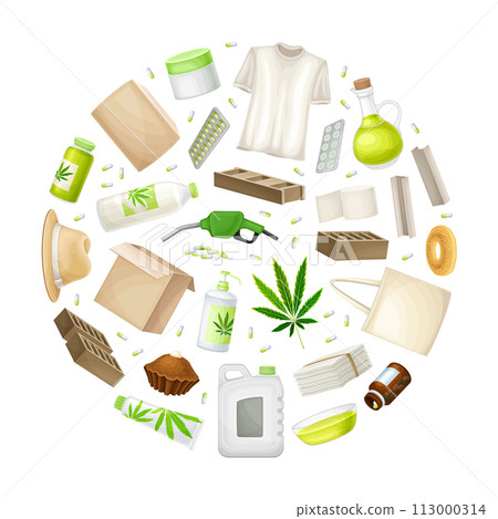 Hemp Production and Object Round Composition Design Vector Template 113000314