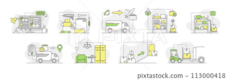 Goods Shipment and Logistics with Cardboard Box Order Line Vector Set 113000418