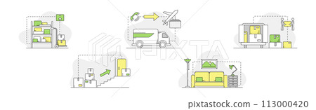 Goods Shipment and Logistics with Cardboard Box Order Line Vector Set Goods Shipment and Logistics with Cardboard Box Order Line Vector Set 113000420