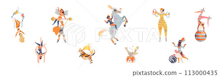 Circus Man and Woman Performer Showing Stunt and Trick Vector Set 113000435