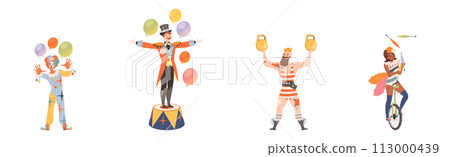 Circus Man and Woman Performer Showing Stunt and Trick Vector Set 113000439