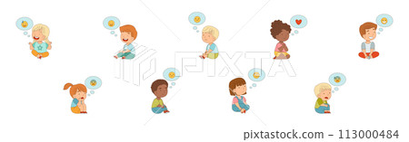 Children Sitting and Listen Fairytale Expressing Different Emotion Vector Set Children Sitting and Listen Fairytale Expressing Different Emotion Vector Set 113000484