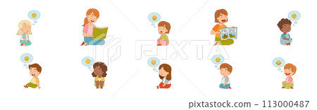 Woman Sitting and Reading Children Fairytale with Kids Expressing Different Emotion Vector Set Woman Sitting and Reading Children Fairytale with Kids Expressing Different Emotion Vector Set 113000487