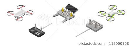 Drone and Flying Quadcopter as Unmanned Aerial Vehicle with Remote Controller Isometric Vector Set 113000508