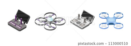 Drone and Flying Quadcopter as Unmanned Aerial Vehicle with Remote Controller Isometric Vector Set 113000510