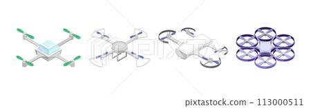 Drone and Flying Quadcopter as Unmanned Aerial Vehicle Isometric Vector Set 113000511