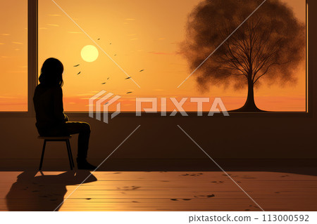 Silhouette of a woman gazing out of a window at sunset, solitude, and contemplation 113000592