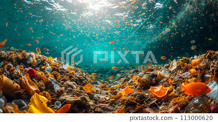 Water pollution, contamination of rivers, lakes, seas, oceans, floating garbage - AI generated image 113000620