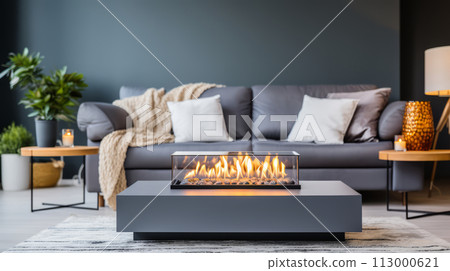 Sleek living room with a modern fireplace, contemporary design, home comfort Sleek living room with a modern fireplace, contemporary design, home comfort 113000621
