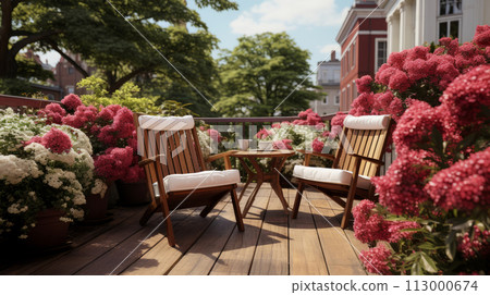 Cozy balcony setup with wooden chairs among vibrant flowers, urban home relaxation. 113000674