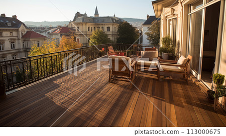 Golden Hour on Classic Balcony Overlooking European Architecture Golden Hour on Classic Balcony Overlooking European Architecture 113000675