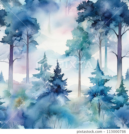 Romantic bright colorful foggy forest background. Botanical theme design. Not seamless. 113000786