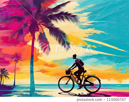 Tourist riding a bicycle on the beach with palm trees. 113000787