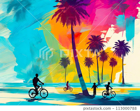 Tourist riding a bicycle on the beach with palm trees. 113000788