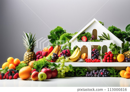 House symbol and fresh raw vegetables. Healthy eating, organic food concept. House symbol and fresh raw vegetables. Healthy eating, organic food concept. 113000816