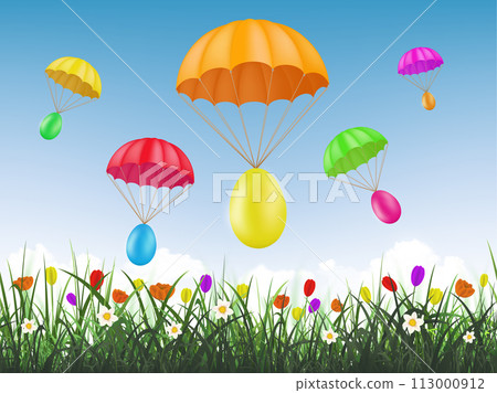 Easter painted colorful eggs fly on parachutes 113000912