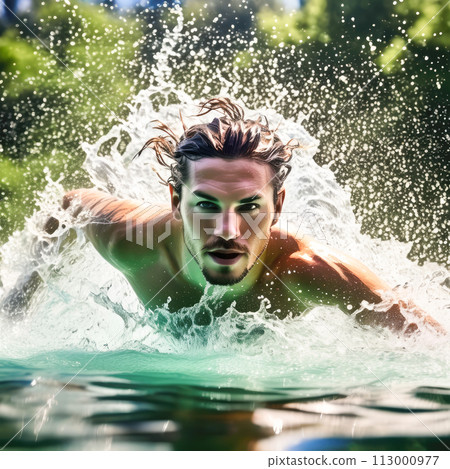 Young man swimming in a pool. 113000977