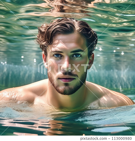 Young man swimming in a pool. 113000980