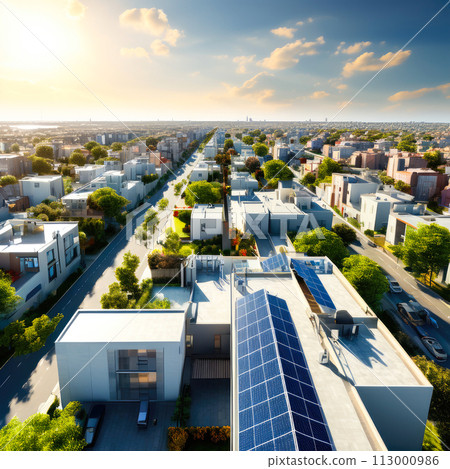 Solar panels on the roofs of buildings. Modern technology solution. 113000986
