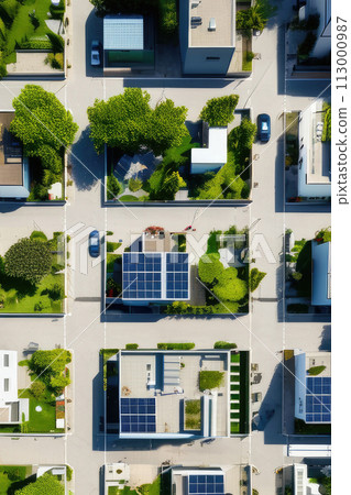 Solar panels on the roofs of buildings. Modern technology solution. 113000987