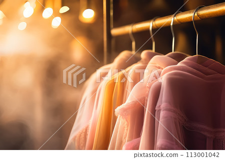 Used colorful clothes hanging on a rack. 113001042