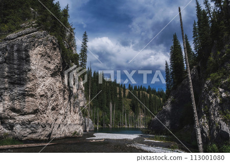 landscape with a beautiful lake with blue water and tree trunks of a sunken forest in summer. Kaindy Lake in Tien Shan mountains in Kazakhstan near Almaty landscape with a beautiful lake with blue water and tree trunks of a sunken forest in summer. Kaindy Lake in Tien Shan mountains in Kazakhstan near Almaty 113001080