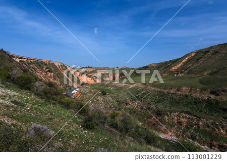 Landscape with canyon and Aksu river in Kazakhstan in spring Landscape with canyon and Aksu river in Kazakhstan in spring 113001229