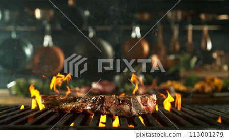 Tasty Beef Steak Placed on Grill Grid. Tasty Beef Steak Placed on Grill Grid. 113001279