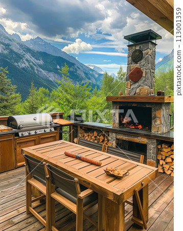 AI-generated content. Wooden Deck With Table and Grill 113001359