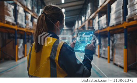 AI-generated content. Woman With Tablet in Warehouse 113001372