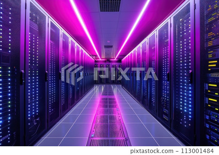 Server room with bright LEDs: a data center where light and technology merge into a virtuoso symphony Server room with bright LEDs: a data center where light and technology merge into a virtuoso symphony 113001484