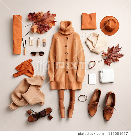 Set of the colorful clothes and accessories. Flat lay, top view. Autumn colors. Set of the colorful clothes and accessories. Flat lay, top view. Autumn colors. 113001637