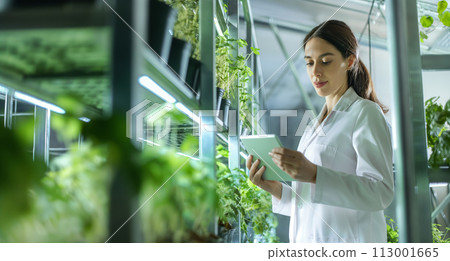 AI-generated content. Female Manager in Lab Coat Using Tablet AI-generated content. Female Manager in Lab Coat Using Tablet 113001665