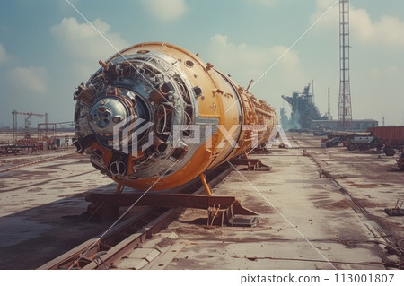 Preparing for a journey into the vast expanses: a spaceship in a delicate moment of waiting before an epic expedition 113001807