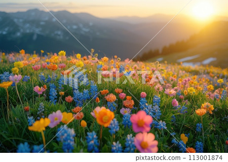 Blooming fields in the mountains at sunset: a natural picture in a beautiful harmony of light and color 113001874