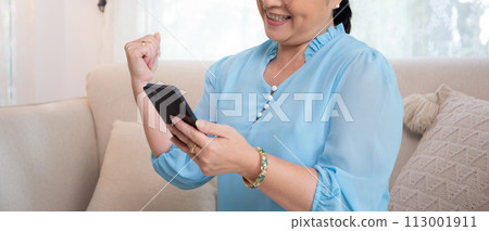 Asian elderly woman using smartphone to social media online sitting on sofa with relax. 113001911