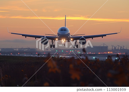 Landing Airliner: A powerful landing on the night runway 113001939