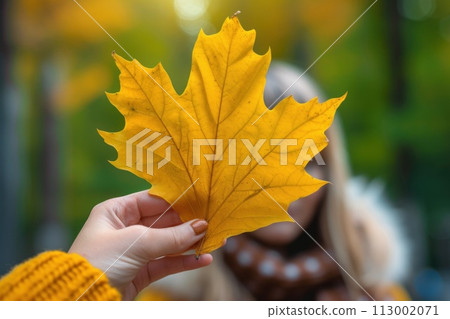 Girl in the park covering her face with a golden maple leaf 113002071