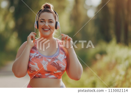 Fat positive girl in headphones running in the park 113002114