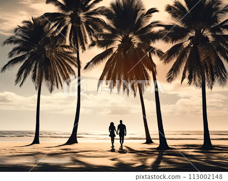 Couple walks on the beach with palm trees. 113002148