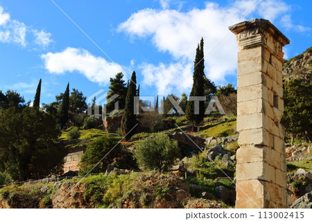 Temple of Apollo and ancient ruins in Delphi, Greece, a world heritage site 113002415